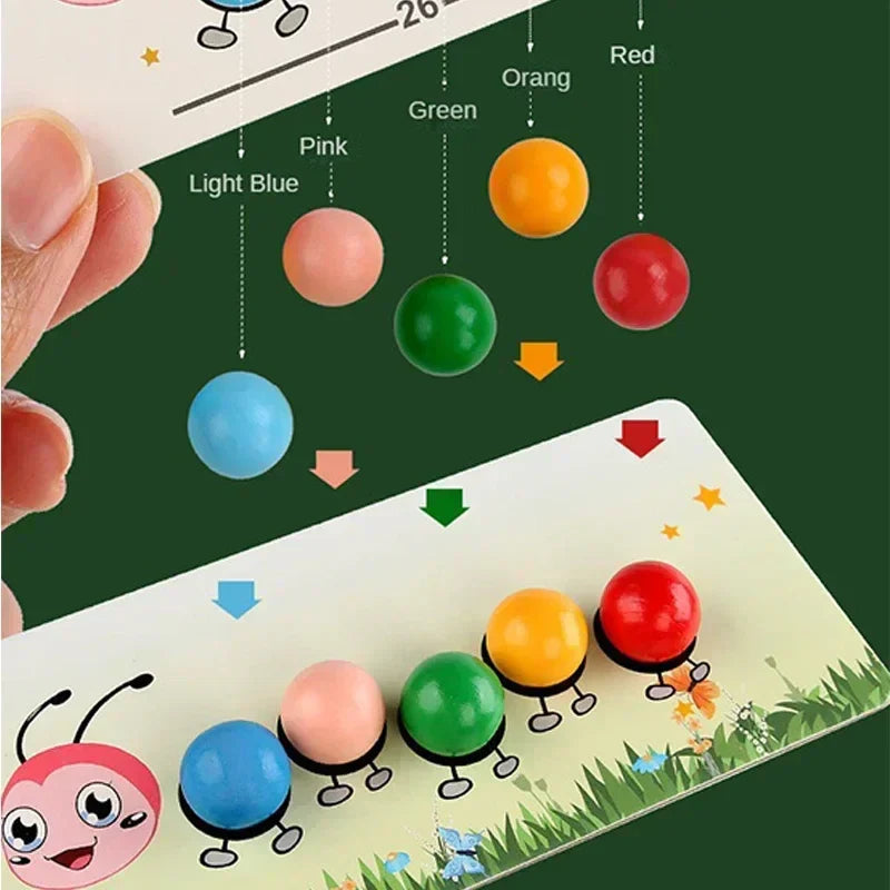 Color-coded arrows showing how beads match a pattern on the caterpillar board