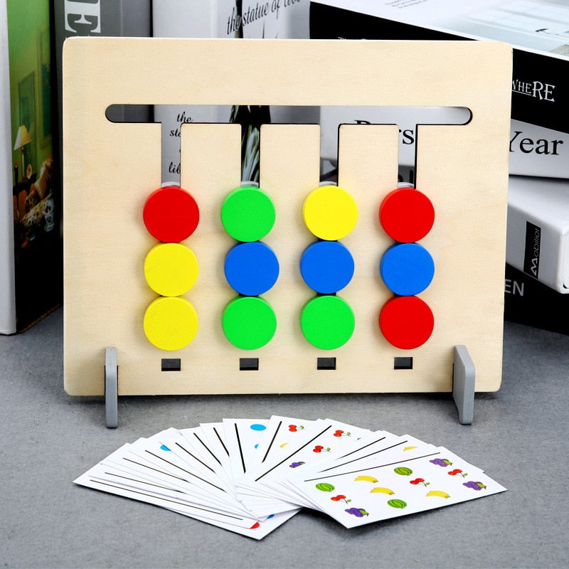Color-matching board with red, yellow, green, and blue pieces beside pattern cards