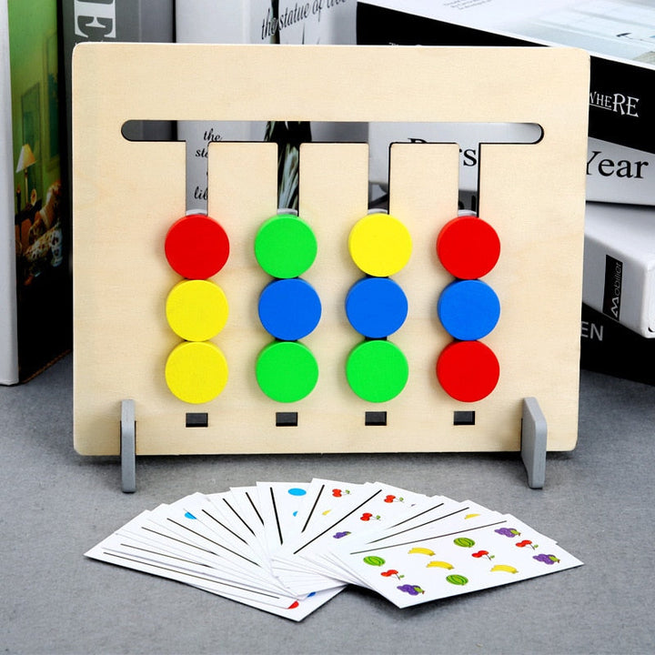 Color-matching board with red, yellow, green, and blue pieces beside pattern cards