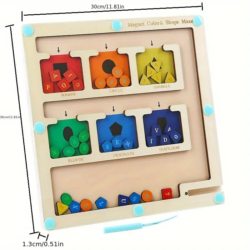Color and shape board measuring 30 by 30 cm and 1.3 cm thick, shown with its magnetic stylus