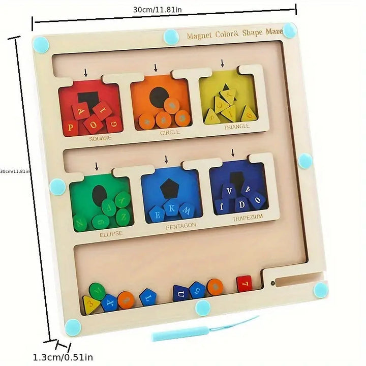 Color and shape board measuring 30 by 30 cm and 1.3 cm thick, shown with its magnetic stylus
