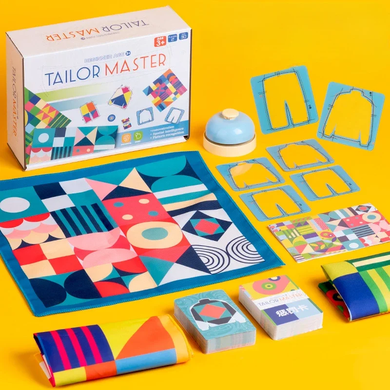 Color and shape matching game components arranged on a yellow background