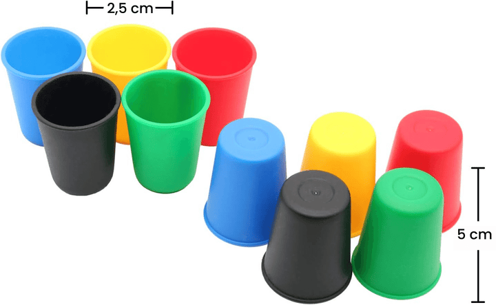 Colored cups with measurements showing a 2.5 cm width and 5 cm height