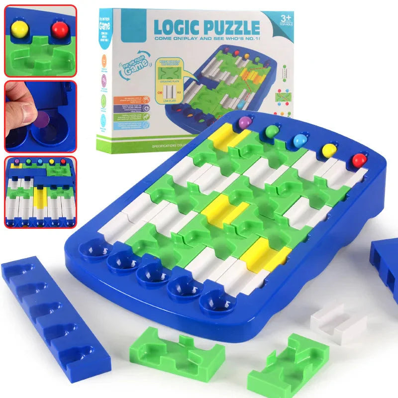 Blue maze puzzle with green, white, and yellow track pieces, colored balls, and a product box