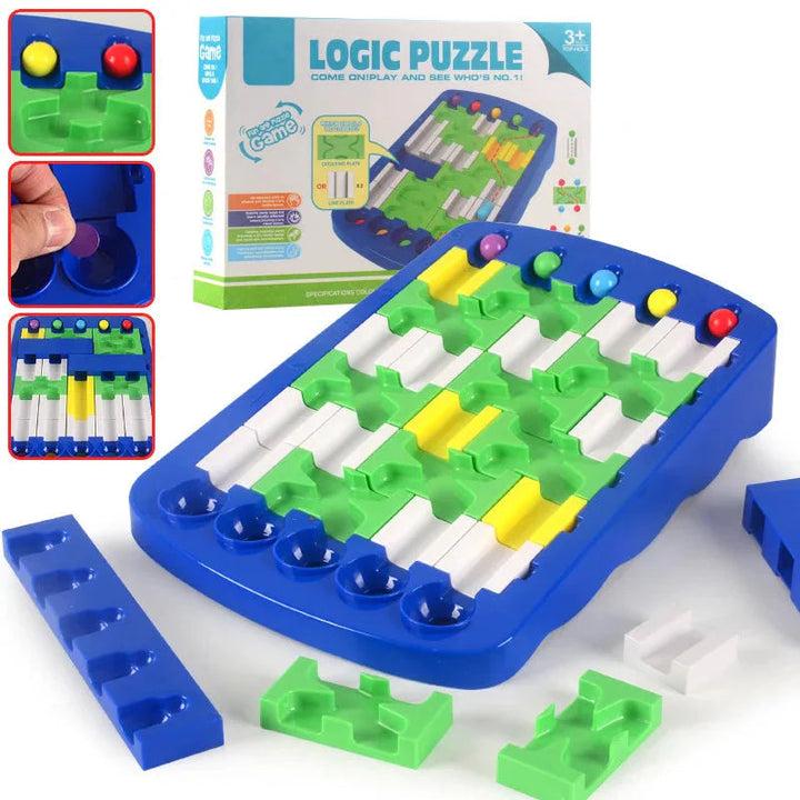 Blue maze puzzle with green, white, and yellow track pieces, colored balls, and a product box
