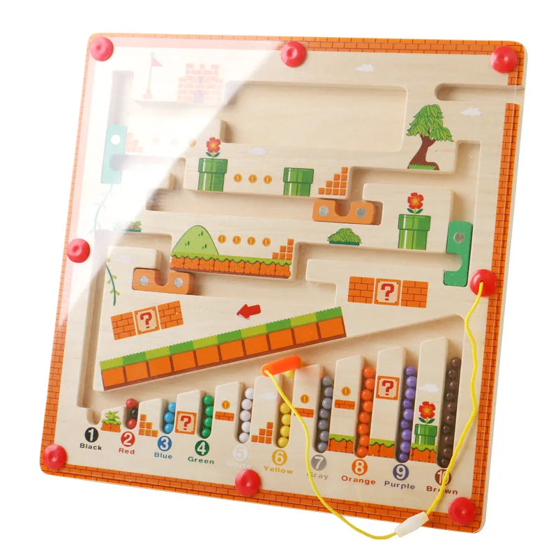 Wooden counting puzzle with a clear cover, colored beads, numbered channels, and an attached magnetic pen