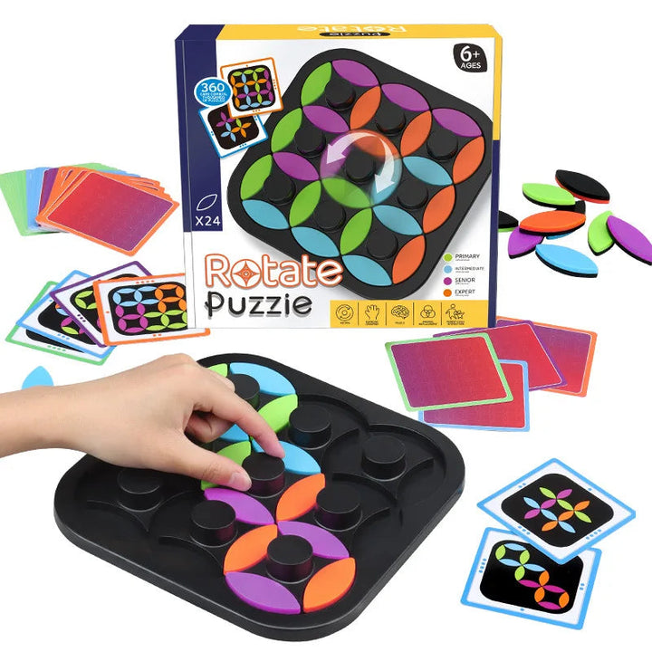 Rotating puzzle board with colorful pieces, pattern cards, and retail box