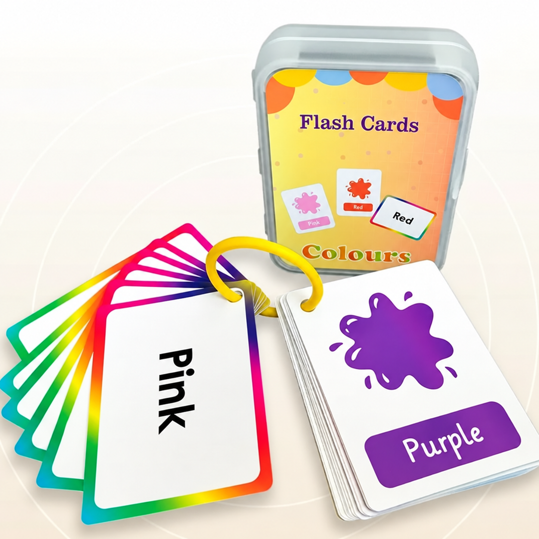 Color flash cards showing pink and purple, with a ring and storage case.