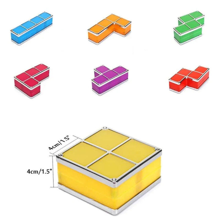 Seven block shapes with a close-up of the yellow square piece marked 4 cm (1.5 in).