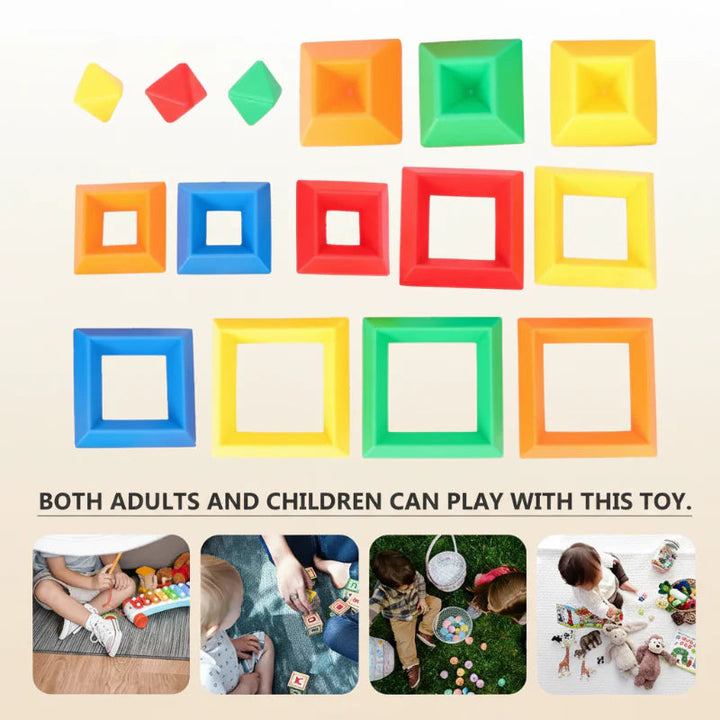 Colorful top blocks and square frames arranged by size above a strip of play scenes