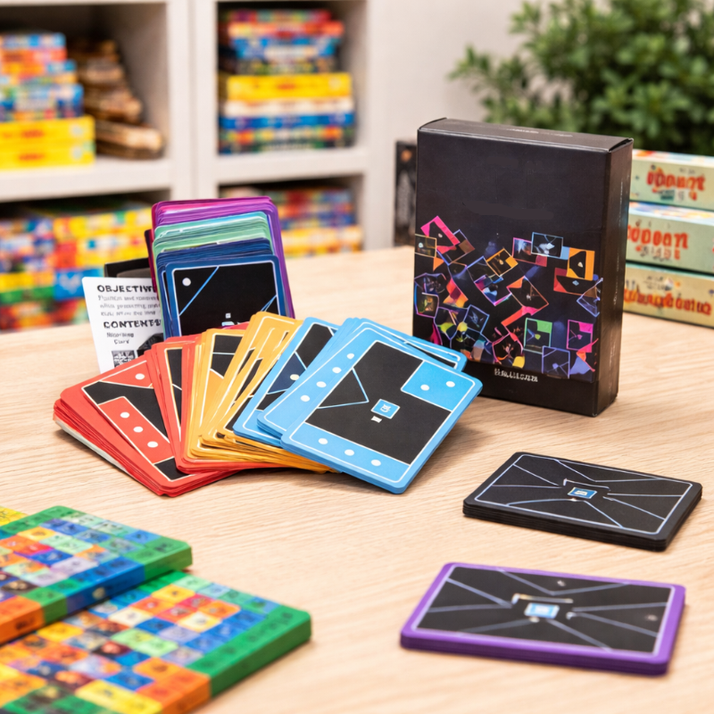 Colored card decks, an instruction sheet, and the game box
