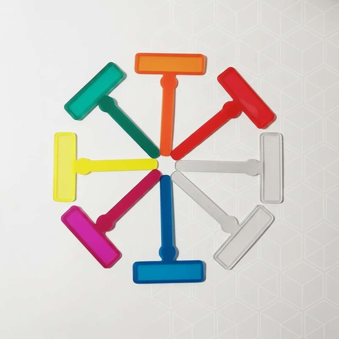 Colored T-shaped reading guides laid out in a circular pattern.