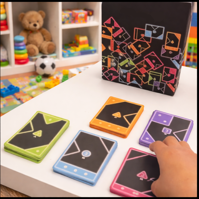 Stacks of colored shape cards beside the game box