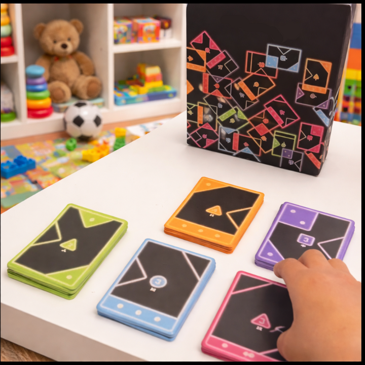 Stacks of colored shape cards beside the game box