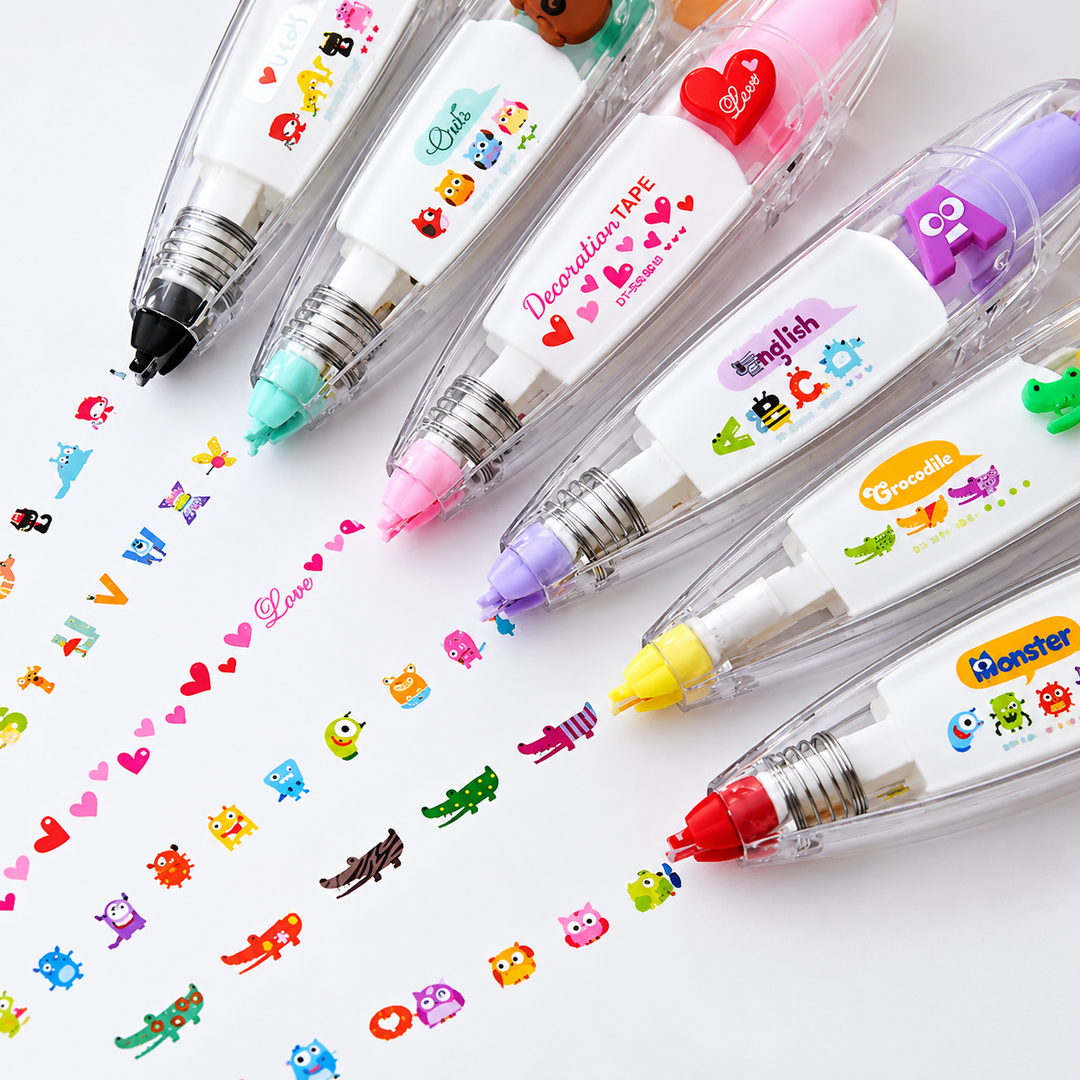 Clear tape dispensers with colored tips beside rows of hearts, letters and cartoon characters.