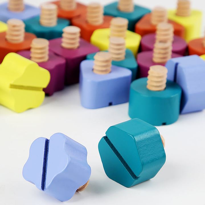 Close-up of colorful wooden shape screws with slots and threaded pegs