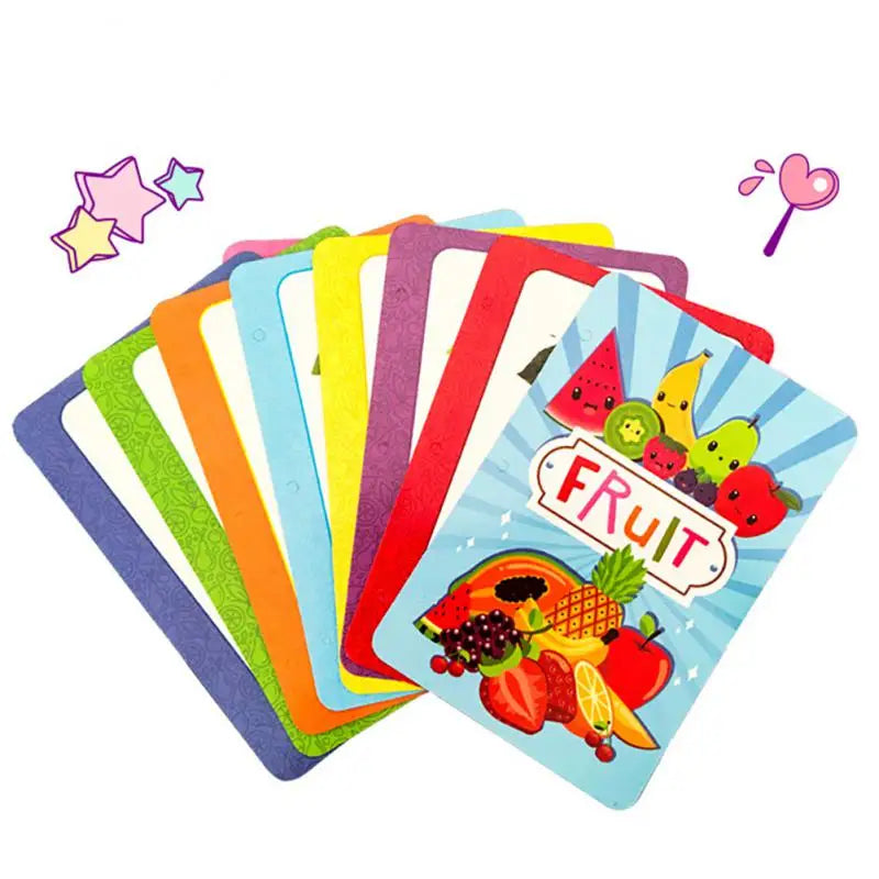 Colorful activity book covers fanned out with a fruit design at the front
