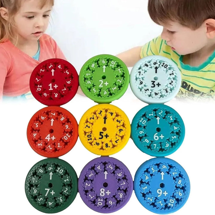 Nine colorful addition spinners pictured with two children.