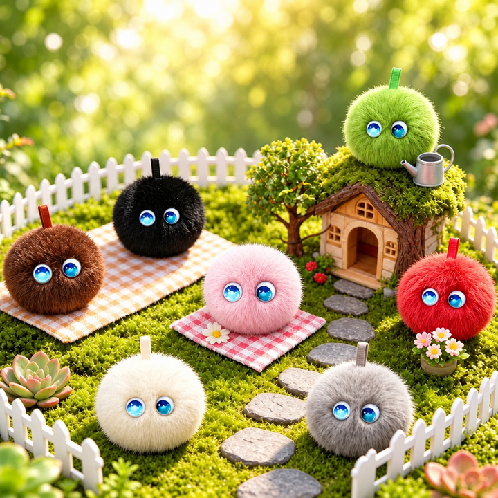 Round AI plush toys in assorted colors arranged in a miniature garden scene