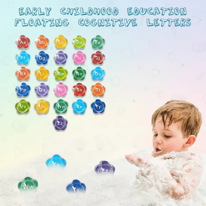 Child splashing in a bubble bath beside a display of colorful floating alphabet letters.