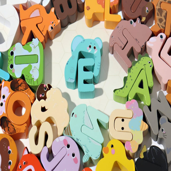 Assorted wooden animal letter puzzles showing different colors and shapes.