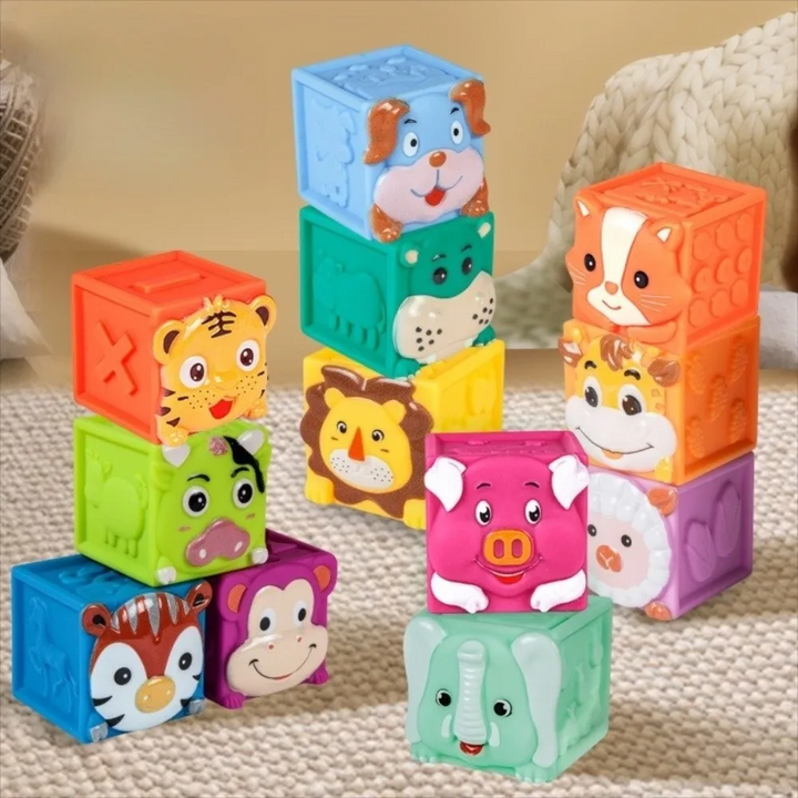 Colorful animal stacking blocks arranged in towers on a woven rug