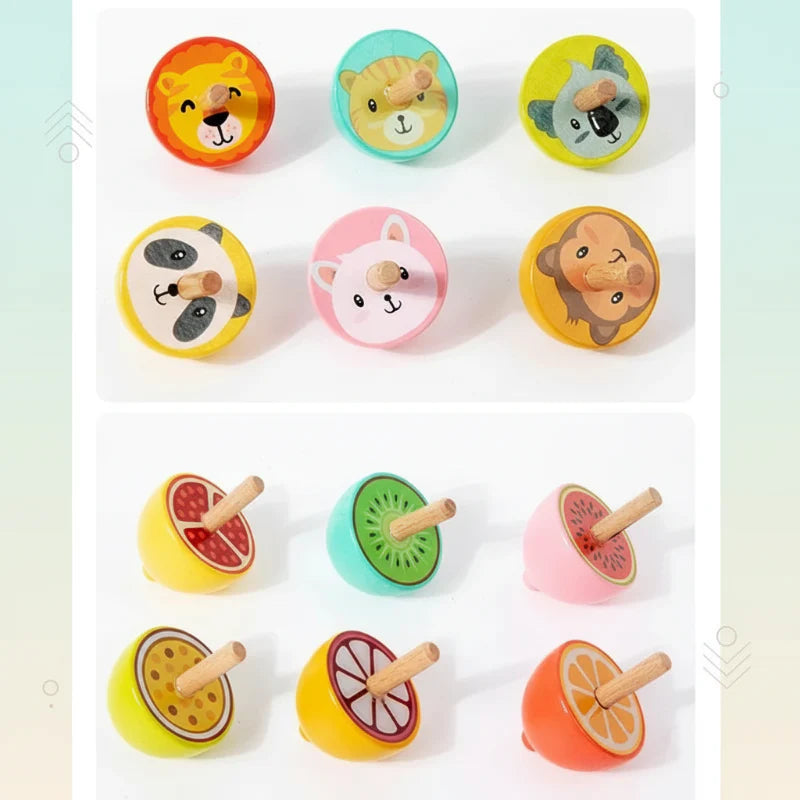 Animal and fruit designs on colorful wooden spinning tops