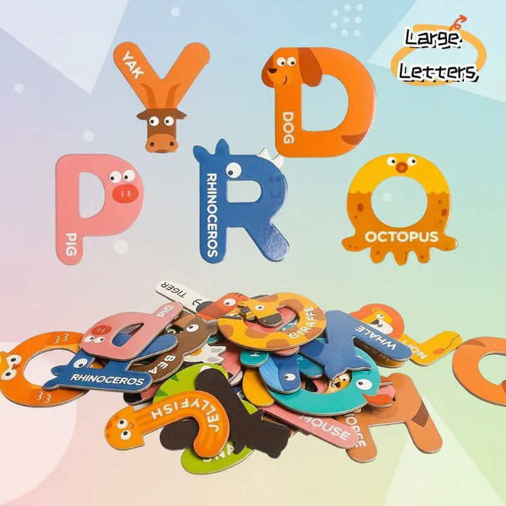 Animal letter magnets showing colorful shapes and printed animal names