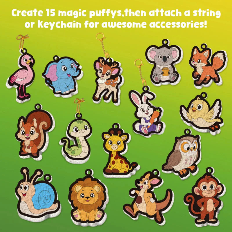 Fifteen colored animal paper charms with hanging loops against a green background