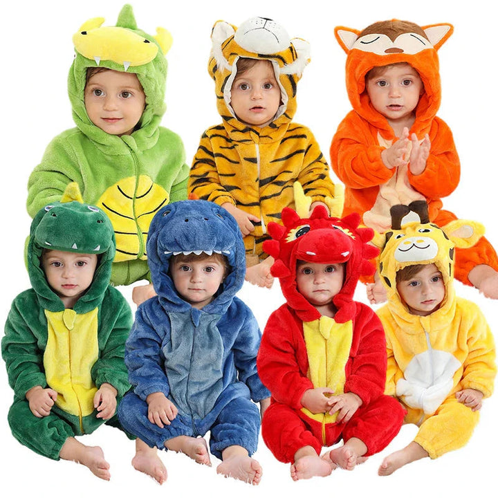 Children modeling colorful animal rompers, including tiger, dragon, giraffe, and dinosaur styles.