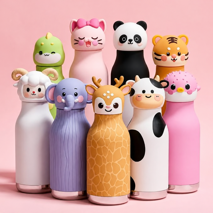 Nine colorful animal thermos bottle designs with matching animal-head caps