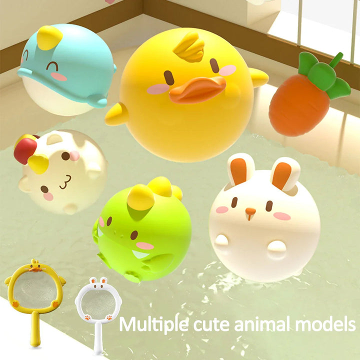 Duck, rabbit, and other colorful bath toys shown with a carrot and two nets