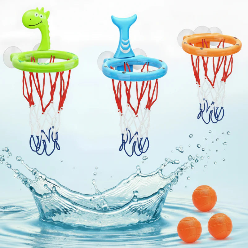 Green dinosaur, blue whale, and orange bath basketball hoops with three orange mini balls