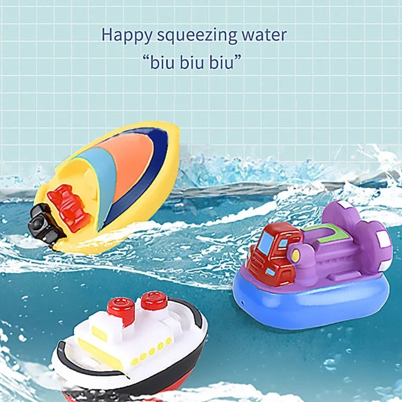 Three colorful bath toy boats with a yellow speedboat tilted in splashing water