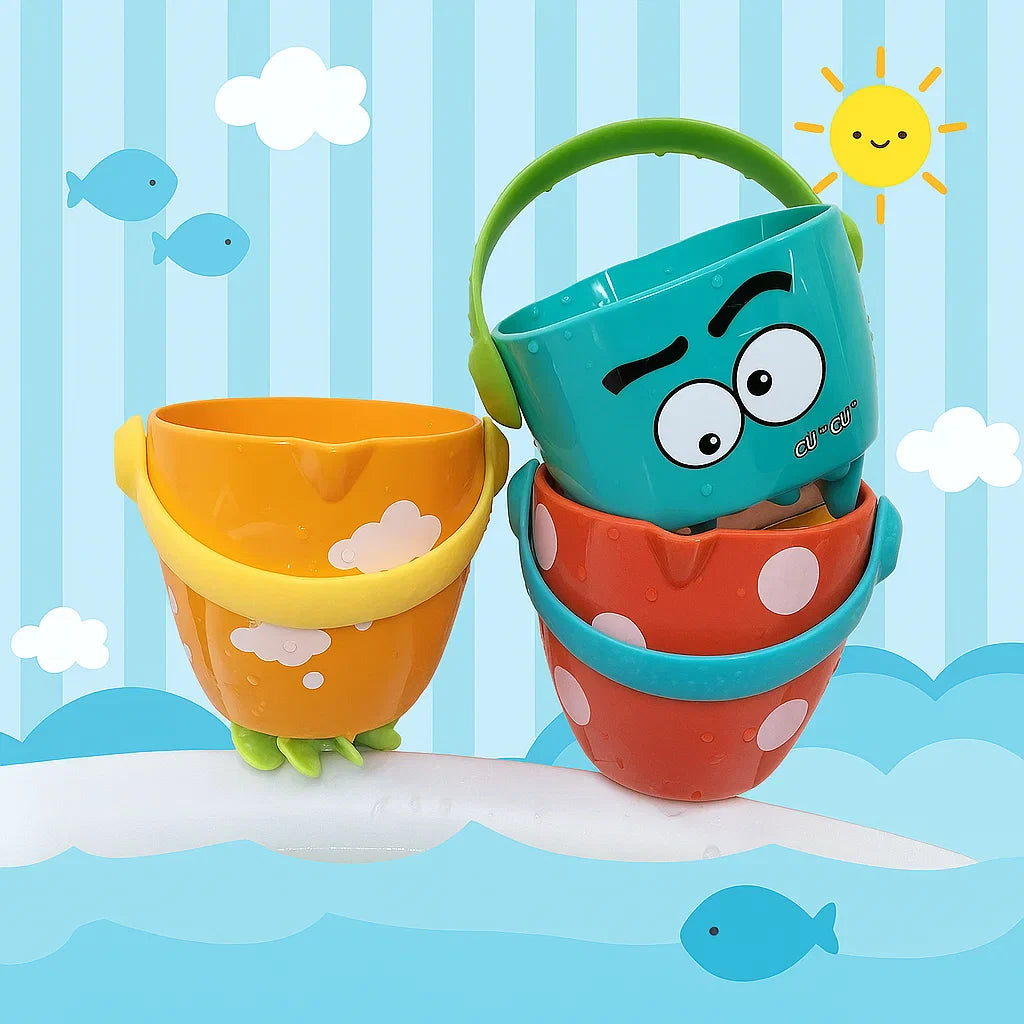Colorful bath buckets with handles, shown with the red and teal buckets stacked.