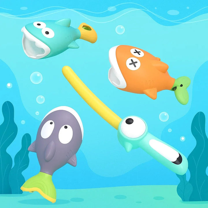Three colorful bath fish and a yellow fishing rod with a turquoise handle
