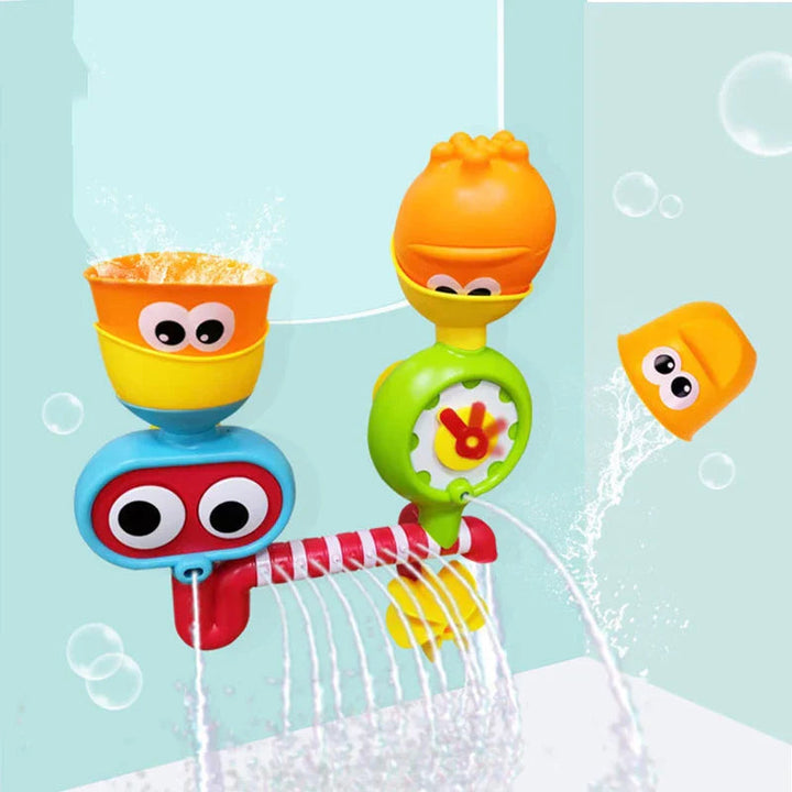 Colorful bath toy on a tiled wall with water flowing from its funnels and outlets