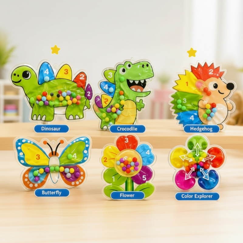 Six colorful squishy bead maze designs arranged on a table