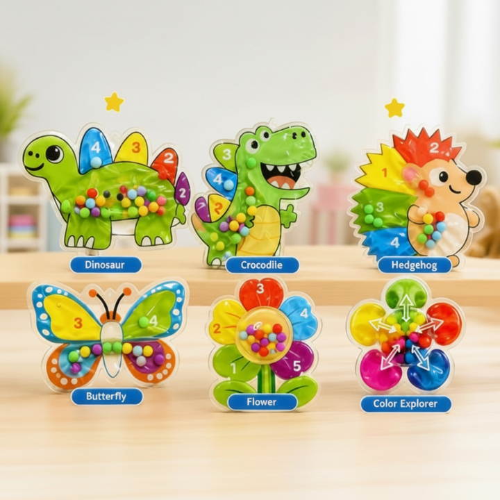 Six colorful squishy bead maze designs arranged on a table