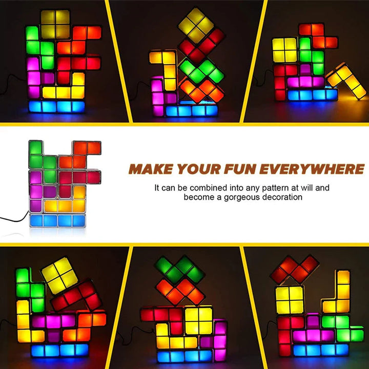 Colorful block night light arranged in several different illuminated designs.