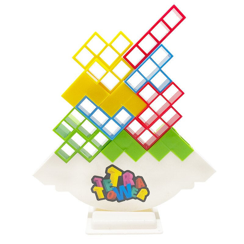 Colorful puzzle-shaped blocks stacked on a white curved balancing platform.