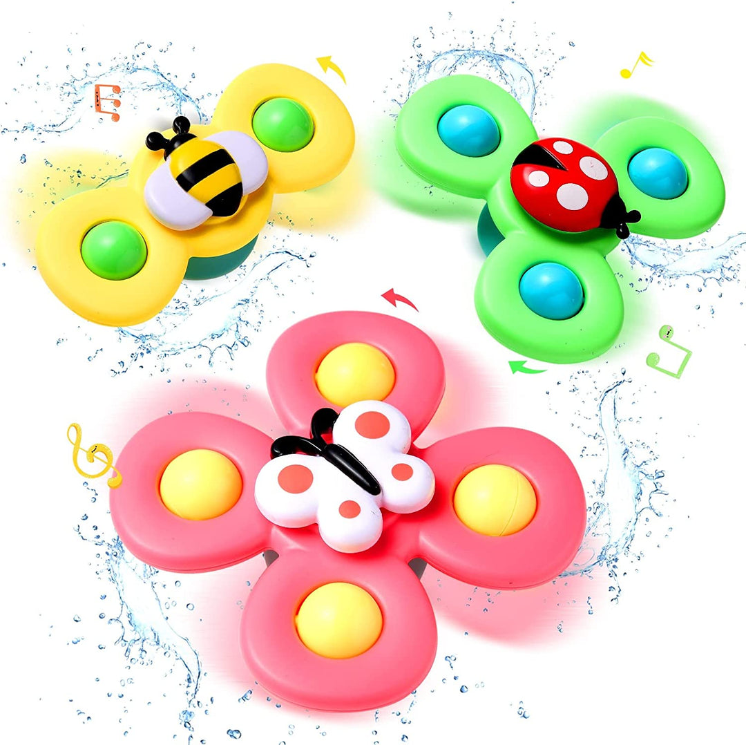 Yellow bee, green ladybug, and pink butterfly bath spinners with colorful rounded arms