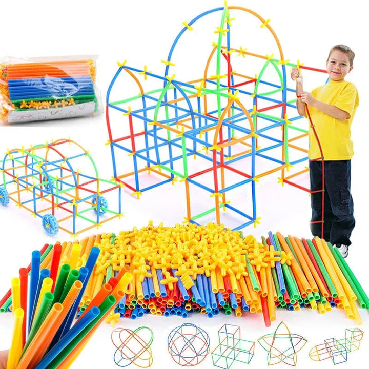 Colorful building tubes and yellow connectors displayed with a large construction and smaller model ideas