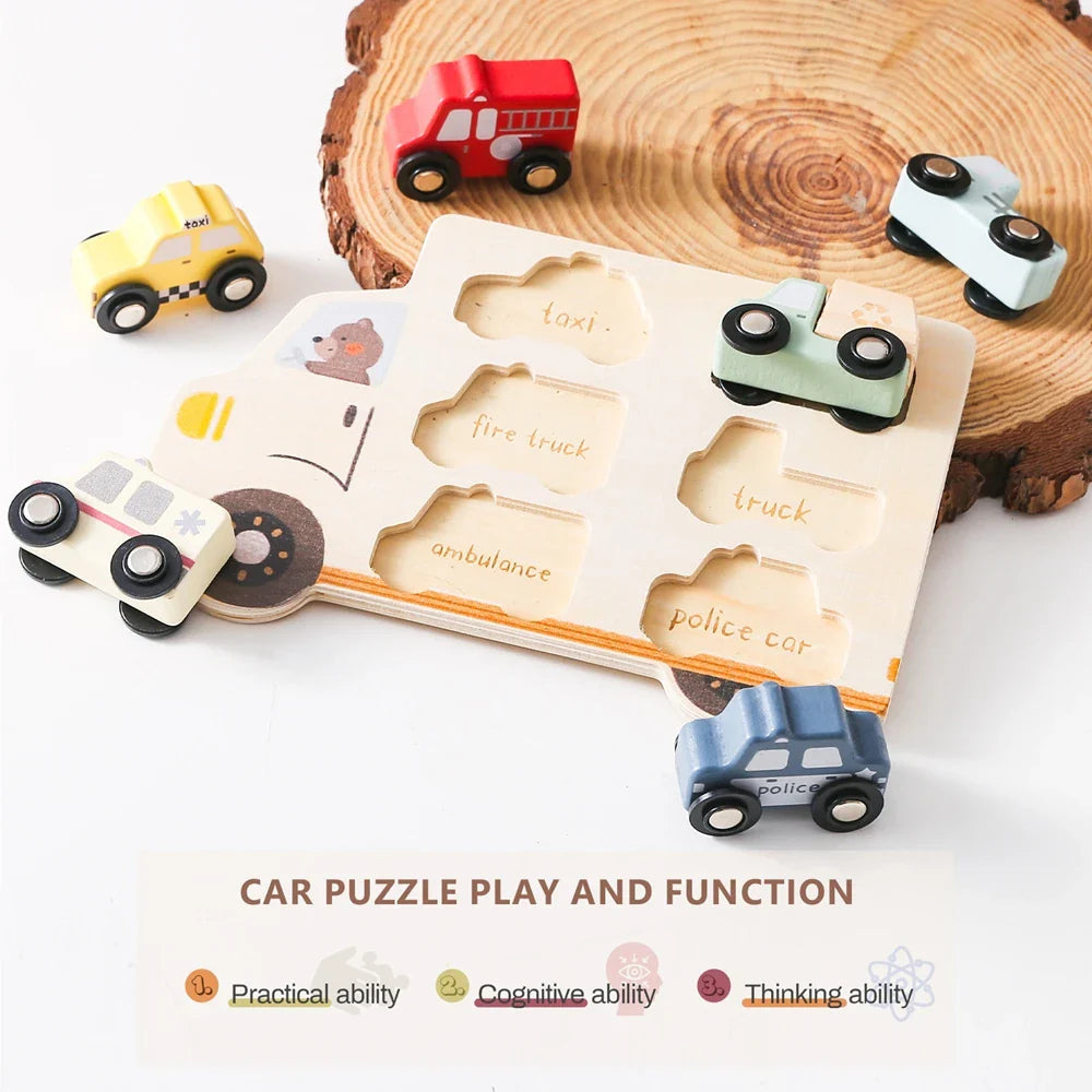 Six colorful vehicle pieces arranged around a wooden Cars puzzle board