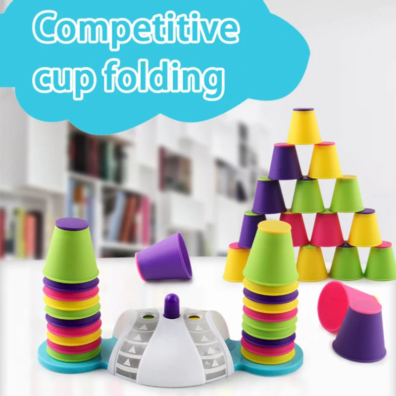 Colorful cups arranged in a pyramid beside two cup stacks and the game base