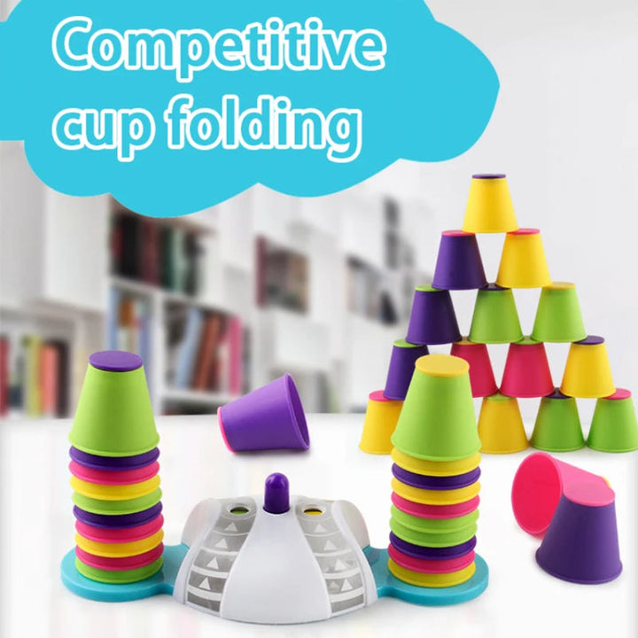 Colorful cups arranged in a pyramid beside two cup stacks and the game base