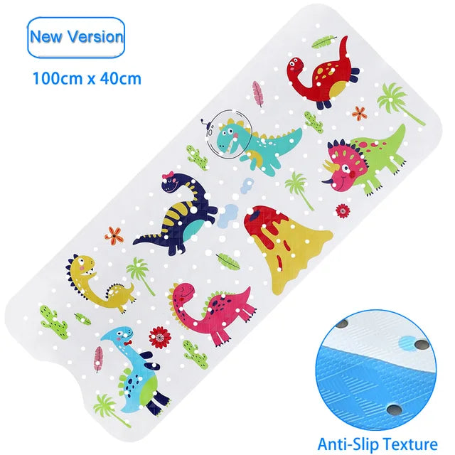 Colorful dinosaur bath mat with small holes, a curved end cutout, and a texture detail