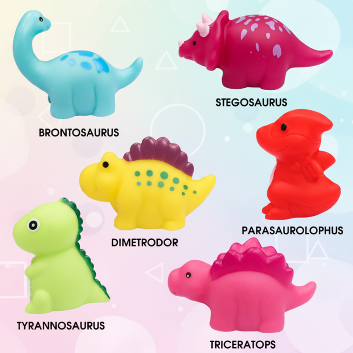 Six different dinosaur bath toy shapes shown in their bright colors