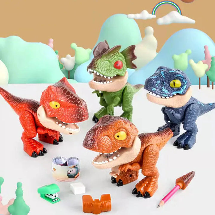 Four colorful dinosaur stationery figures with desk tools on a playroom table