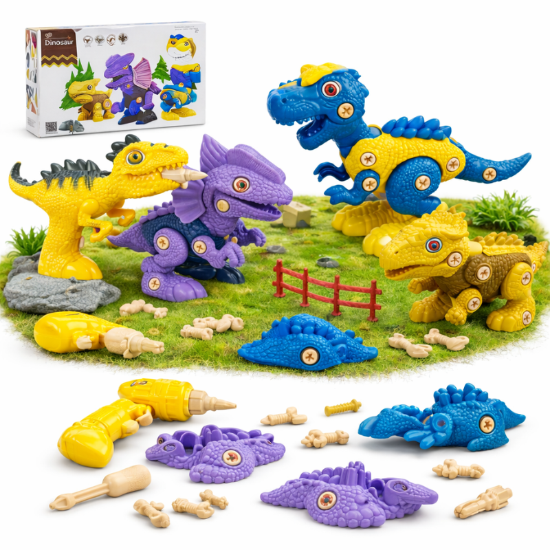 Colorful dinosaur models shown with loose body parts, screws, a yellow drill, and a screwdriver